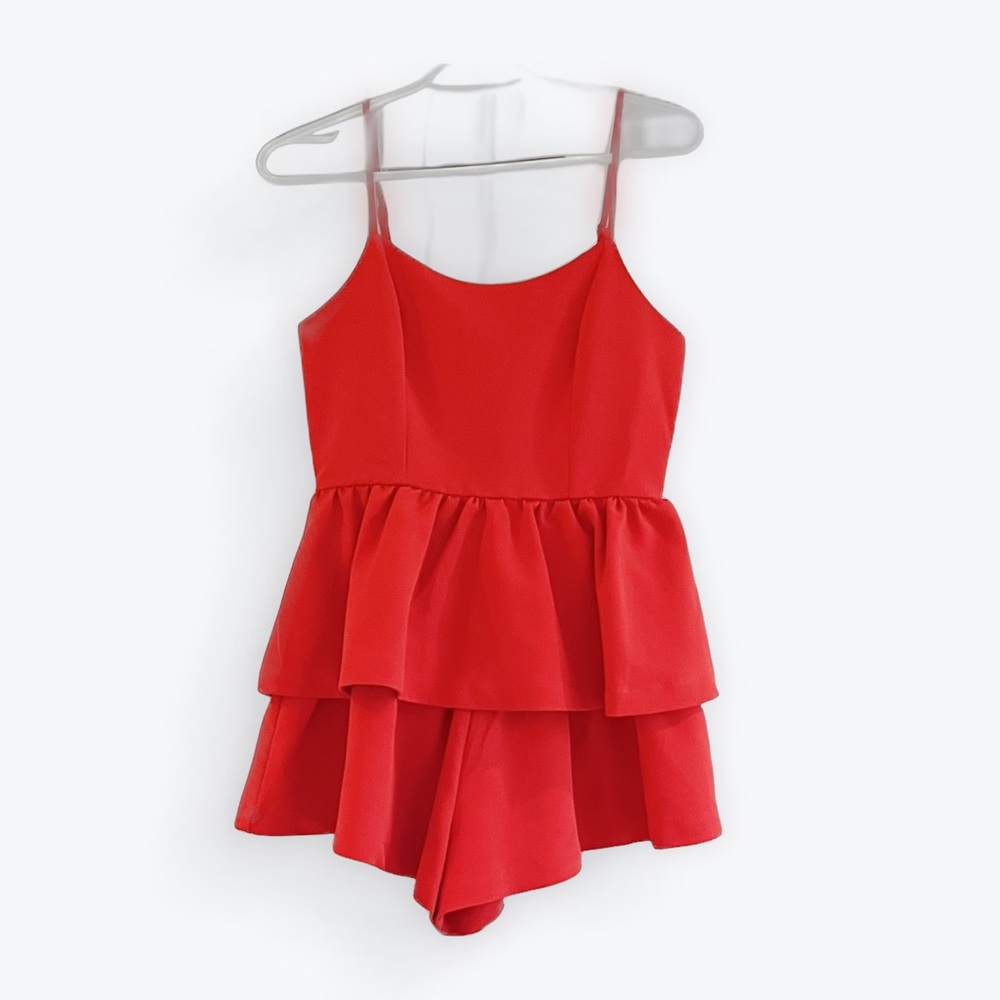 Game-day Red Ruffled Shorts Romper with thin adjustable straps. Size Small.